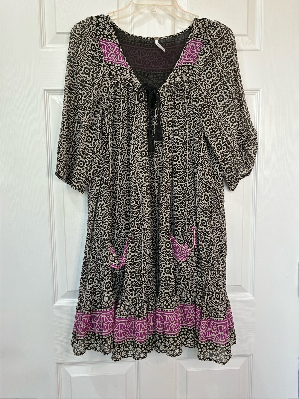Free People Dress Women’s Large Brown Black Purple Tassel Ties Pockets Boho